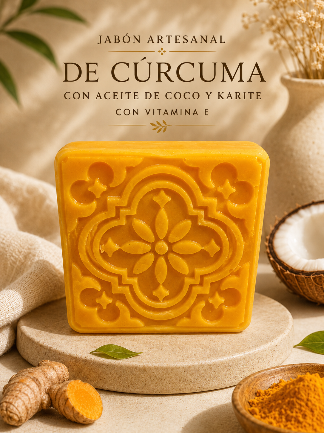 Jabón Artesanal de Cúrcuma | Coco, Karité y Vitamina E | Soff & Gaby