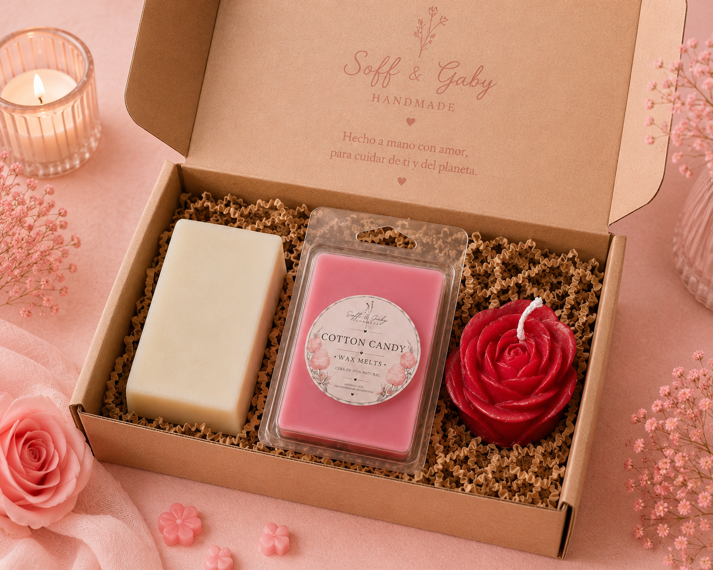Pack Dulce Detalle | Wax Melts 50 g + jabón artesanal+ rosa de soja aromática